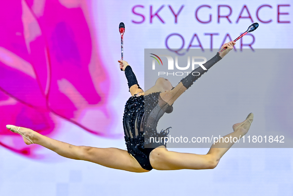 Anna Kondrashina of Belarus competes in the Clubs final of the International Rhythmic Gymnastics Tournament ''Sky Grace 2024'' at Aspire Zon...