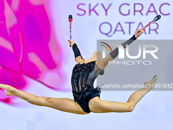 Anna Kondrashina of Belarus competes in the Clubs final of the International Rhythmic Gymnastics Tournament ''Sky Grace 2024'' at Aspire Zon...