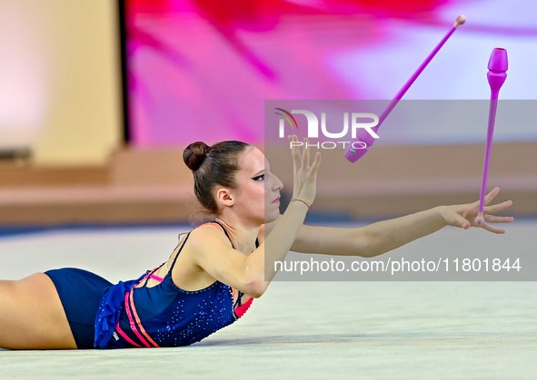 Antonia Marinova of Bulgaria competes in the Clubs final of the International Rhythmic Gymnastics Tournament ''Sky Grace 2024'' at Aspire Zo...