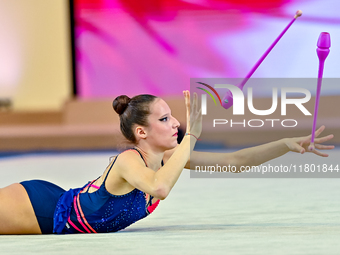 Antonia Marinova of Bulgaria competes in the Clubs final of the International Rhythmic Gymnastics Tournament ''Sky Grace 2024'' at Aspire Zo...