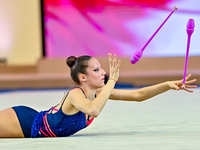 Antonia Marinova of Bulgaria competes in the Clubs final of the International Rhythmic Gymnastics Tournament ''Sky Grace 2024'' at Aspire Zo...