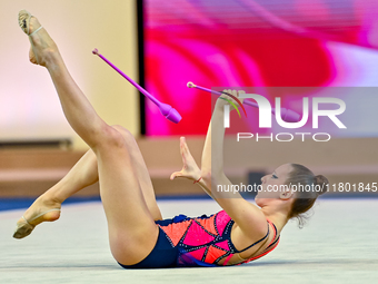 Antonia Marinova of Bulgaria competes in the Clubs final of the International Rhythmic Gymnastics Tournament ''Sky Grace 2024'' at Aspire Zo...