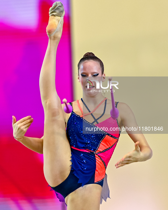 Antonia Marinova of Bulgaria competes in the Clubs final of the International Rhythmic Gymnastics Tournament ''Sky Grace 2024'' at Aspire Zo...