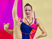 Antonia Marinova of Bulgaria competes in the Clubs final of the International Rhythmic Gymnastics Tournament ''Sky Grace 2024'' at Aspire Zo...