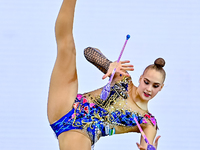 Natalya Usova of Uzbekistan competes in the Clubs final of the International Rhythmic Gymnastics Tournament ''Sky Grace 2024'' at Aspire Zon...