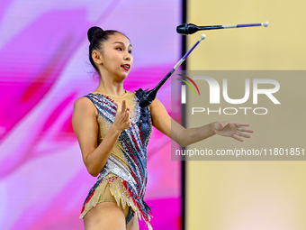 Aibota Yertaikyzy of Kazakhstan competes in the Clubs final of the International Rhythmic Gymnastics Tournament 'Sky Grace 2024' at Aspire Z...