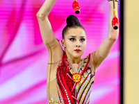 Mariia Borisova of Russia competes in the Clubs final of the International Rhythmic Gymnastics Tournament 'Sky Grace 2024' at Aspire Zone Fo...