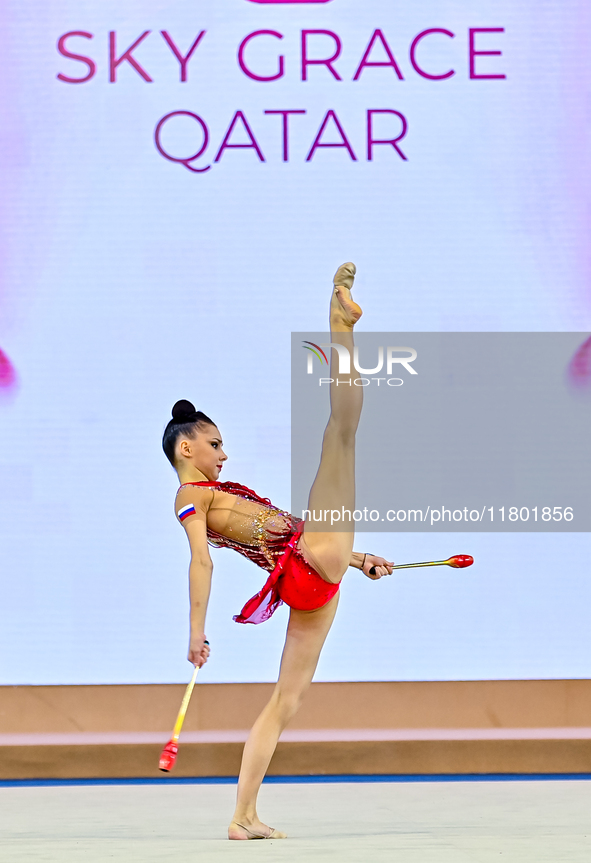 Mariia Borisova of Russia competes in the Clubs final of the International Rhythmic Gymnastics Tournament 'Sky Grace 2024' at Aspire Zone Fo...