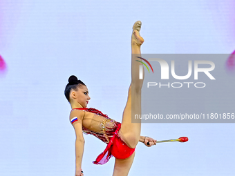 Mariia Borisova of Russia competes in the Clubs final of the International Rhythmic Gymnastics Tournament 'Sky Grace 2024' at Aspire Zone Fo...