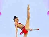 Mariia Borisova of Russia competes in the Clubs final of the International Rhythmic Gymnastics Tournament 'Sky Grace 2024' at Aspire Zone Fo...