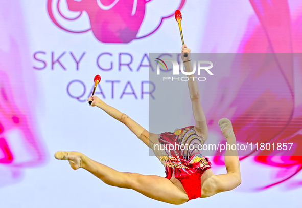 Mariia Borisova of Russia competes in the Clubs final of the International Rhythmic Gymnastics Tournament 'Sky Grace 2024' at Aspire Zone Fo...