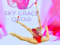 Mariia Borisova of Russia competes in the Clubs final of the International Rhythmic Gymnastics Tournament 'Sky Grace 2024' at Aspire Zone Fo...