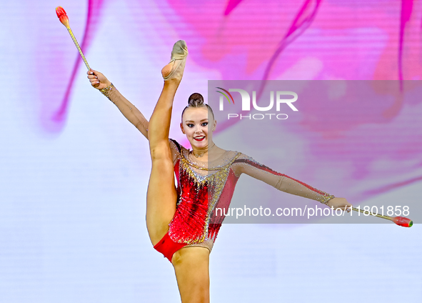 Mariia Borisova of Russia competes in the Clubs final of the International Rhythmic Gymnastics Tournament 'Sky Grace 2024' at Aspire Zone Fo...