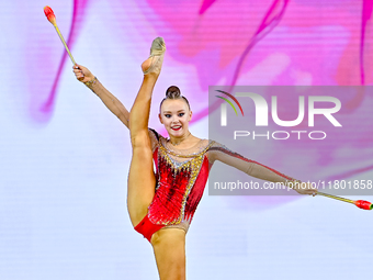 Mariia Borisova of Russia competes in the Clubs final of the International Rhythmic Gymnastics Tournament 'Sky Grace 2024' at Aspire Zone Fo...