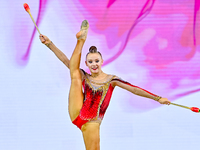 Mariia Borisova of Russia competes in the Clubs final of the International Rhythmic Gymnastics Tournament 'Sky Grace 2024' at Aspire Zone Fo...