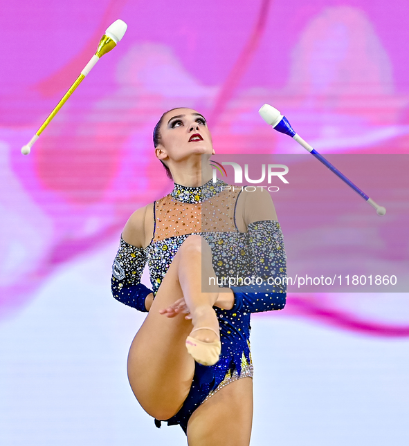 Alina Harnasko of Belarus competes in the Clubs final of the International Rhythmic Gymnastics Tournament 'Sky Grace 2024' at Aspire Zone Fo...