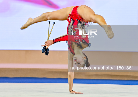 Silva Sargsyan of Armenia competes in the Clubs final of the International Rhythmic Gymnastics Tournament ''Sky Grace 2024'' at Aspire Zone...