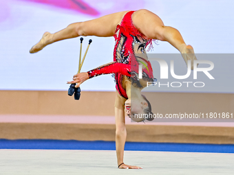 Silva Sargsyan of Armenia competes in the Clubs final of the International Rhythmic Gymnastics Tournament ''Sky Grace 2024'' at Aspire Zone...