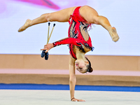 Silva Sargsyan of Armenia competes in the Clubs final of the International Rhythmic Gymnastics Tournament ''Sky Grace 2024'' at Aspire Zone...