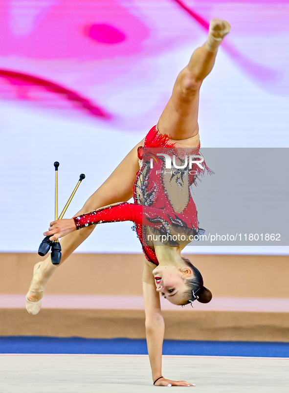 Silva Sargsyan of Armenia competes in the Clubs final of the International Rhythmic Gymnastics Tournament ''Sky Grace 2024'' at Aspire Zone...