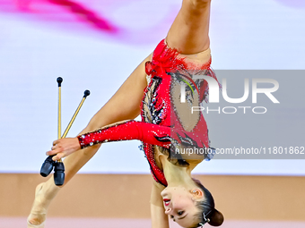 Silva Sargsyan of Armenia competes in the Clubs final of the International Rhythmic Gymnastics Tournament ''Sky Grace 2024'' at Aspire Zone...