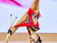 Silva Sargsyan of Armenia competes in the Clubs final of the International Rhythmic Gymnastics Tournament ''Sky Grace 2024'' at Aspire Zone...