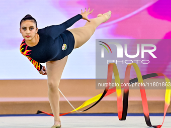 Zohra Aghamirova of Azerbaijan competes in the Ribbon final of the International Rhythmic Gymnastics Tournament 'Sky Grace 2024' at Aspire Z...