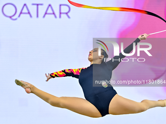 Zohra Aghamirova of Azerbaijan competes in the Ribbon final of the International Rhythmic Gymnastics Tournament 'Sky Grace 2024' at Aspire Z...