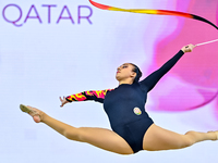 Zohra Aghamirova of Azerbaijan competes in the Ribbon final of the International Rhythmic Gymnastics Tournament 'Sky Grace 2024' at Aspire Z...