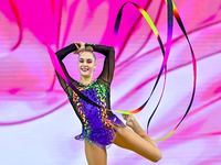 Natalya Usova of Uzbekistan competes in the Ribbon final of the International Rhythmic Gymnastics Tournament ''Sky Grace 2024'' at Aspire Zo...