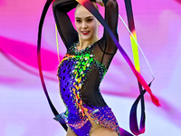 Natalya Usova of Uzbekistan competes in the Ribbon final of the International Rhythmic Gymnastics Tournament ''Sky Grace 2024'' at Aspire Zo...