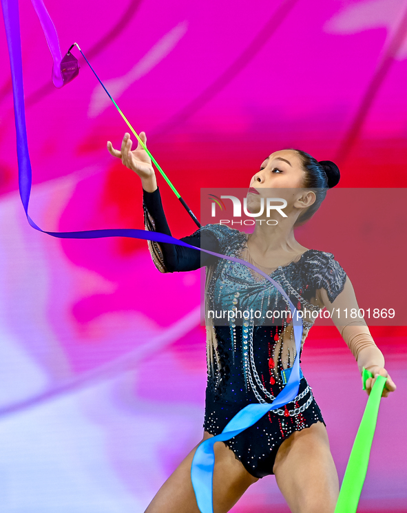 Aibota Yertaikyzy of Kazakhstan competes in the Ribbon final of the International Rhythmic Gymnastics Tournament ''Sky Grace 2024'' at Aspir...