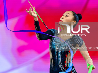 Aibota Yertaikyzy of Kazakhstan competes in the Ribbon final of the International Rhythmic Gymnastics Tournament ''Sky Grace 2024'' at Aspir...