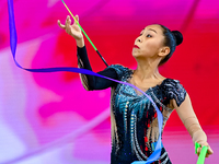 Aibota Yertaikyzy of Kazakhstan competes in the Ribbon final of the International Rhythmic Gymnastics Tournament ''Sky Grace 2024'' at Aspir...