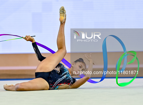 Aibota Yertaikyzy of Kazakhstan competes in the Ribbon final of the International Rhythmic Gymnastics Tournament ''Sky Grace 2024'' at Aspir...