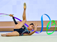 Aibota Yertaikyzy of Kazakhstan competes in the Ribbon final of the International Rhythmic Gymnastics Tournament ''Sky Grace 2024'' at Aspir...