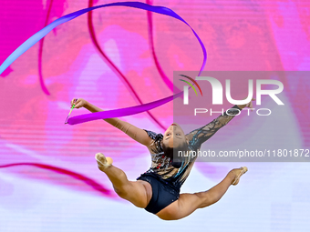 Aibota Yertaikyzy of Kazakhstan competes in the Ribbon final of the International Rhythmic Gymnastics Tournament ''Sky Grace 2024'' at Aspir...