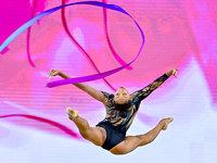 Aibota Yertaikyzy of Kazakhstan competes in the Ribbon final of the International Rhythmic Gymnastics Tournament ''Sky Grace 2024'' at Aspir...