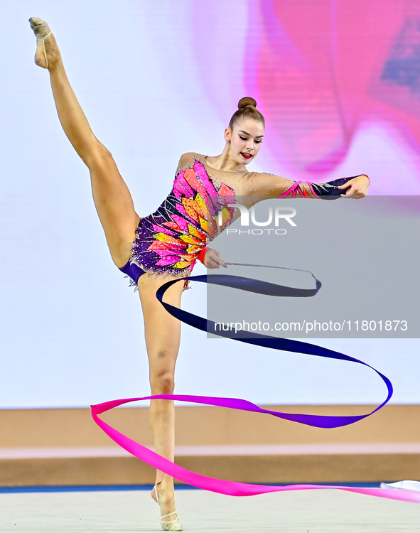 Daria Grokhotova of Belarus competes in the Ribbon final of the International Rhythmic Gymnastics Tournament ''Sky Grace 2024'' at Aspire Zo...