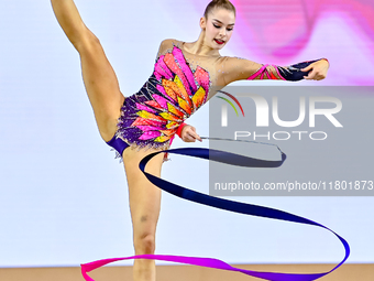 Daria Grokhotova of Belarus competes in the Ribbon final of the International Rhythmic Gymnastics Tournament ''Sky Grace 2024'' at Aspire Zo...