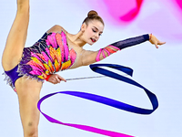 Daria Grokhotova of Belarus competes in the Ribbon final of the International Rhythmic Gymnastics Tournament ''Sky Grace 2024'' at Aspire Zo...