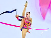 Daria Grokhotova of Belarus competes in the Ribbon final of the International Rhythmic Gymnastics Tournament ''Sky Grace 2024'' at Aspire Zo...