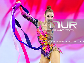 Daria Grokhotova of Belarus competes in the Ribbon final of the International Rhythmic Gymnastics Tournament ''Sky Grace 2024'' at Aspire Zo...