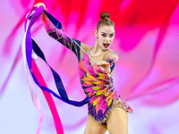 Daria Grokhotova of Belarus competes in the Ribbon final of the International Rhythmic Gymnastics Tournament ''Sky Grace 2024'' at Aspire Zo...