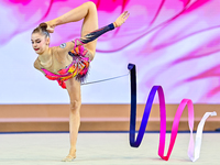 Daria Grokhotova of Belarus competes in the Ribbon final of the International Rhythmic Gymnastics Tournament ''Sky Grace 2024'' at Aspire Zo...