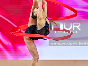 Vladislava Nikolaenko of Russia competes in the Ribbon final of the International Rhythmic Gymnastics Tournament ''Sky Grace 2024'' at Aspir...