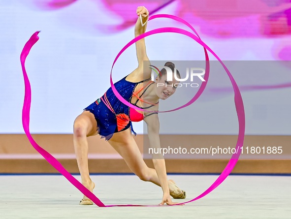 Antonia Marinova of Bulgaria competes in the Ribbon final of the International Rhythmic Gymnastics Tournament 'Sky Grace 2024' at Aspire Zon...