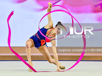 Antonia Marinova of Bulgaria competes in the Ribbon final of the International Rhythmic Gymnastics Tournament 'Sky Grace 2024' at Aspire Zon...