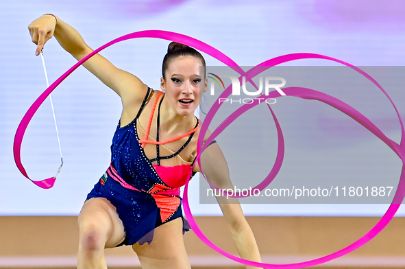 Antonia Marinova of Bulgaria competes in the Ribbon final of the International Rhythmic Gymnastics Tournament 'Sky Grace 2024' at Aspire Zon...