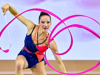 Antonia Marinova of Bulgaria competes in the Ribbon final of the International Rhythmic Gymnastics Tournament 'Sky Grace 2024' at Aspire Zon...